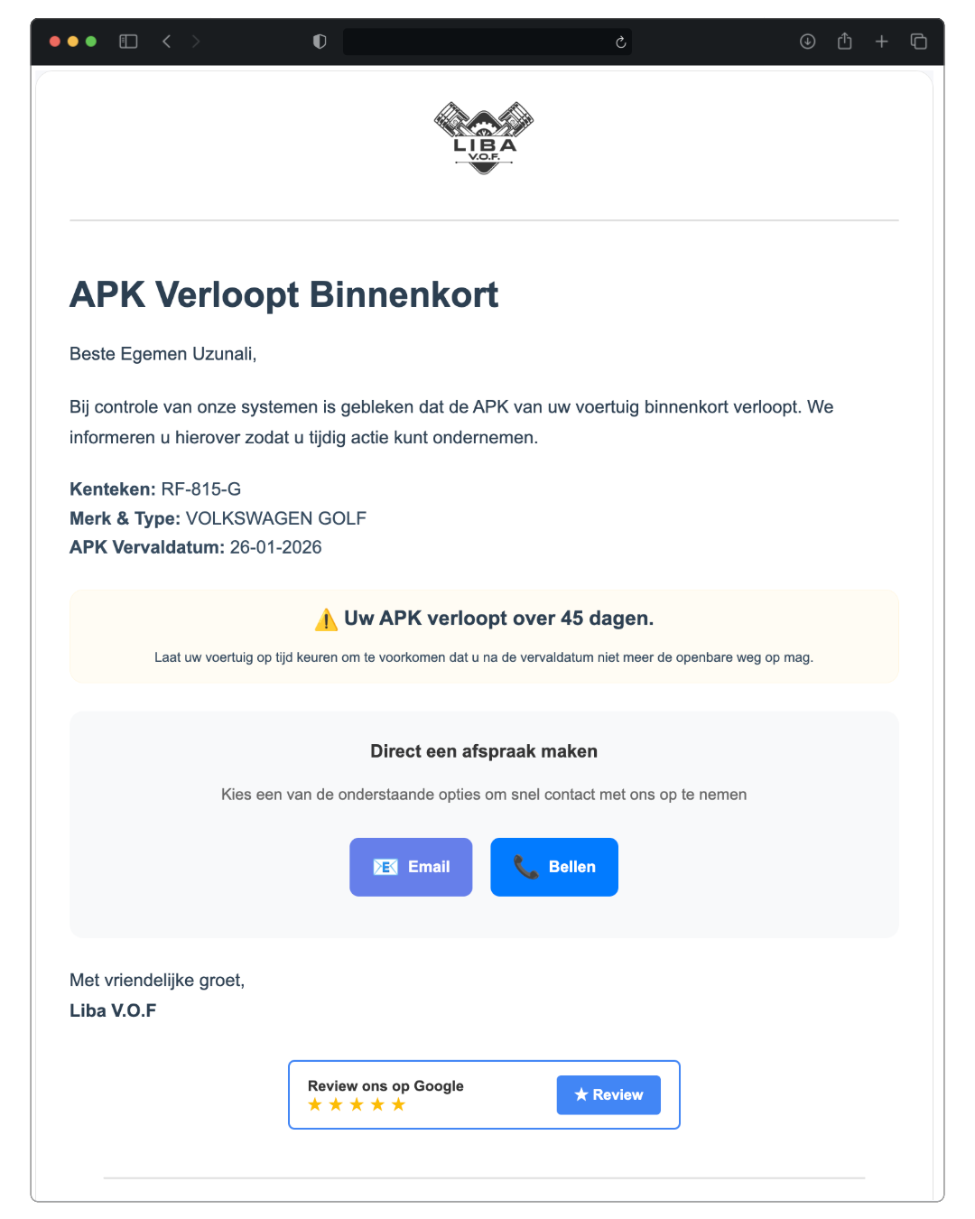 APK herinnering email